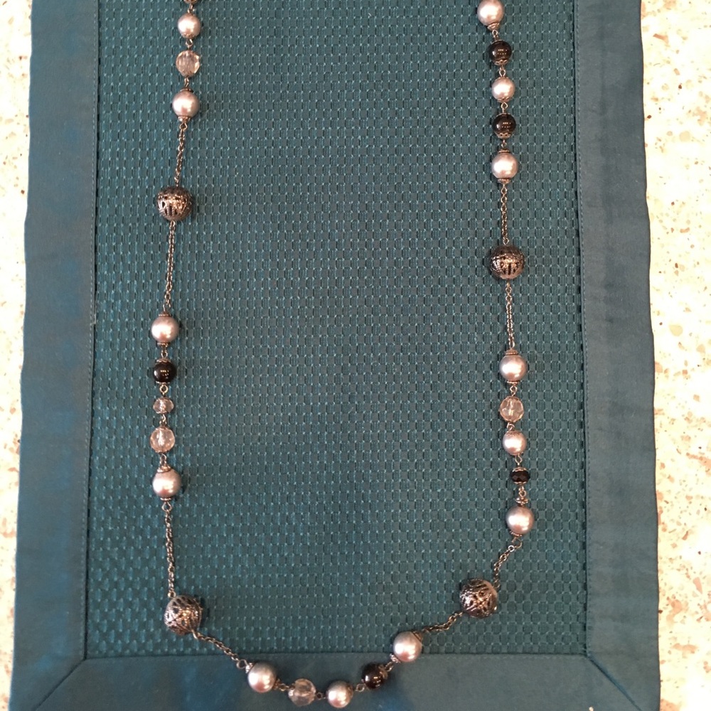 Necklace - beaded dark silver, black, 38” long